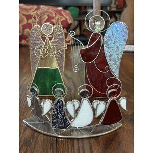 Set Of Three Stained Glass Angel Figures 2 Candleholders 1 Group Of Angels